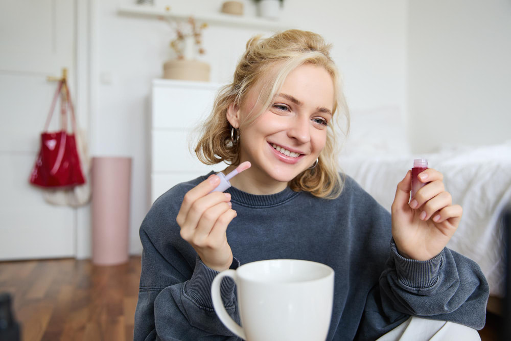 Smiling woman in a cozy sweater holds lip gloss in one hand and a brush in the other, sitting at home with a mug.