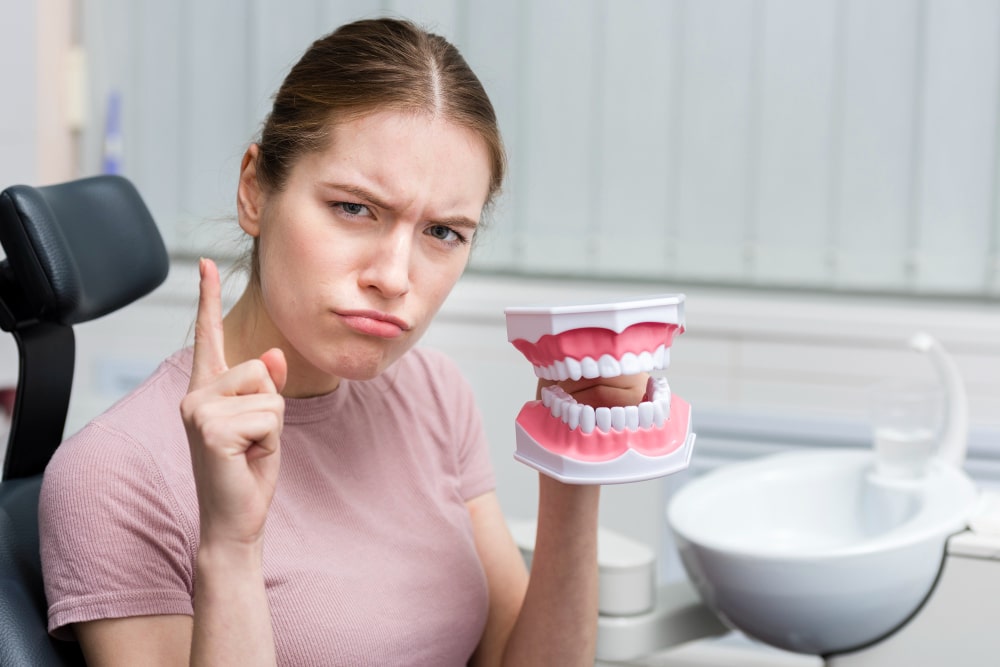 A woman in a pink shirt holds a dental model, gesturing with a serious expression.