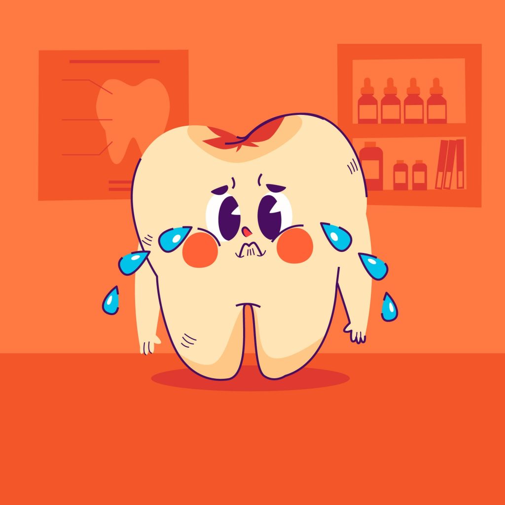 An animated crying tooth illustration, depicting distress caused by plaque.