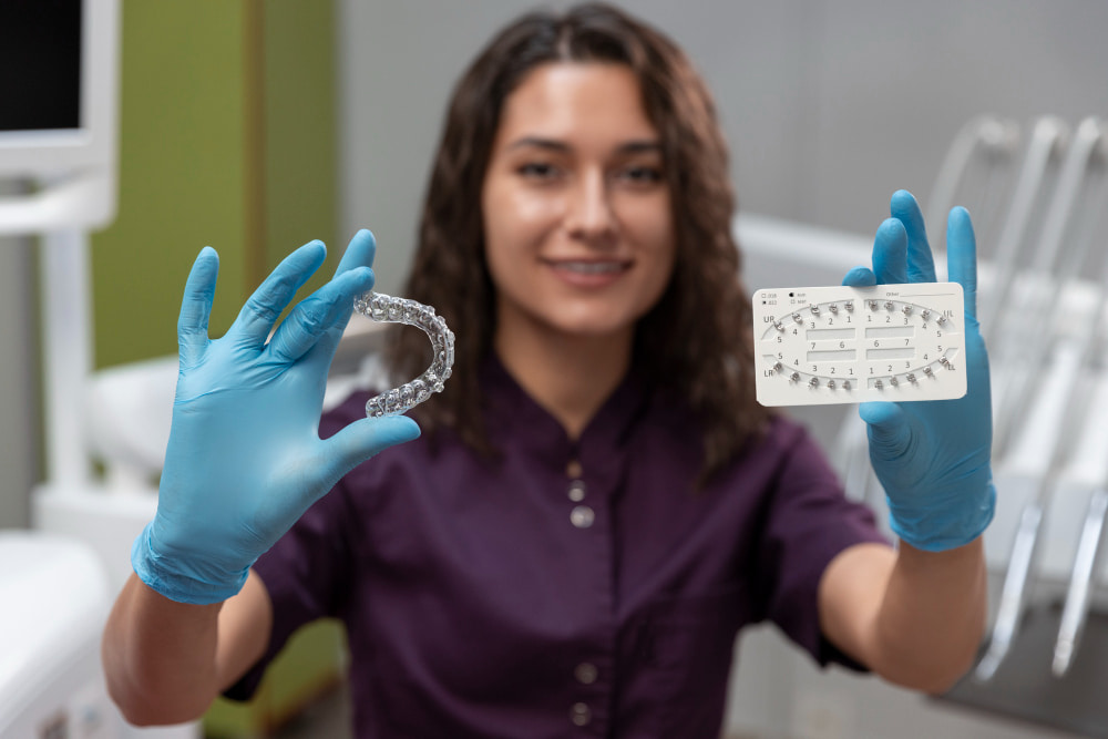 A dentist with brown hair smiles while holding a clear dental aligner in one hand and an aligner tray in the other, wearing blue gloves, in a dental office.