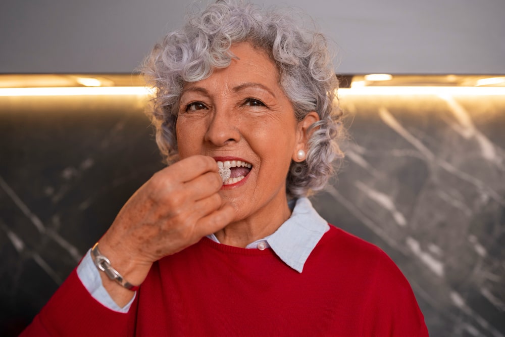 An elderly woman with curly gray hair smiles, taking a pill in a red sweater against a warm marble background.