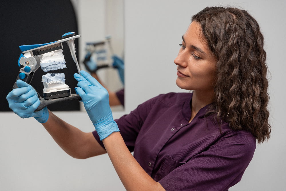 A dentist in a purple uniform examines dental molds, wearing blue gloves.