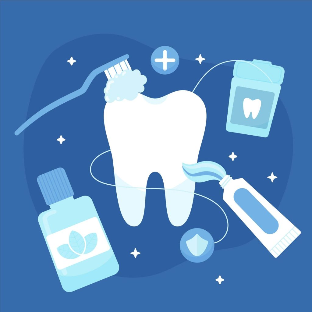 Illustration of a tooth surrounded by dental care items including a toothbrush with foam, toothpaste, dental floss, and mouthwash, on a blue background with decorative elements.